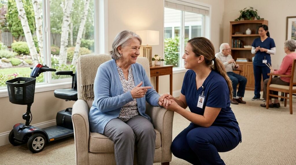 Smiling senior in a wheelchair receiving attentive care from a caregiver inside a bright, welcoming assisted living community.