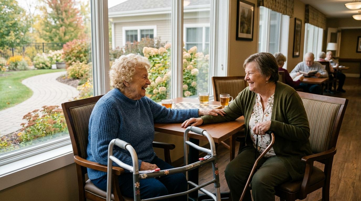 Older adults socializing in a sunlit senior living common area near a garden window in Forest Lake, MN.