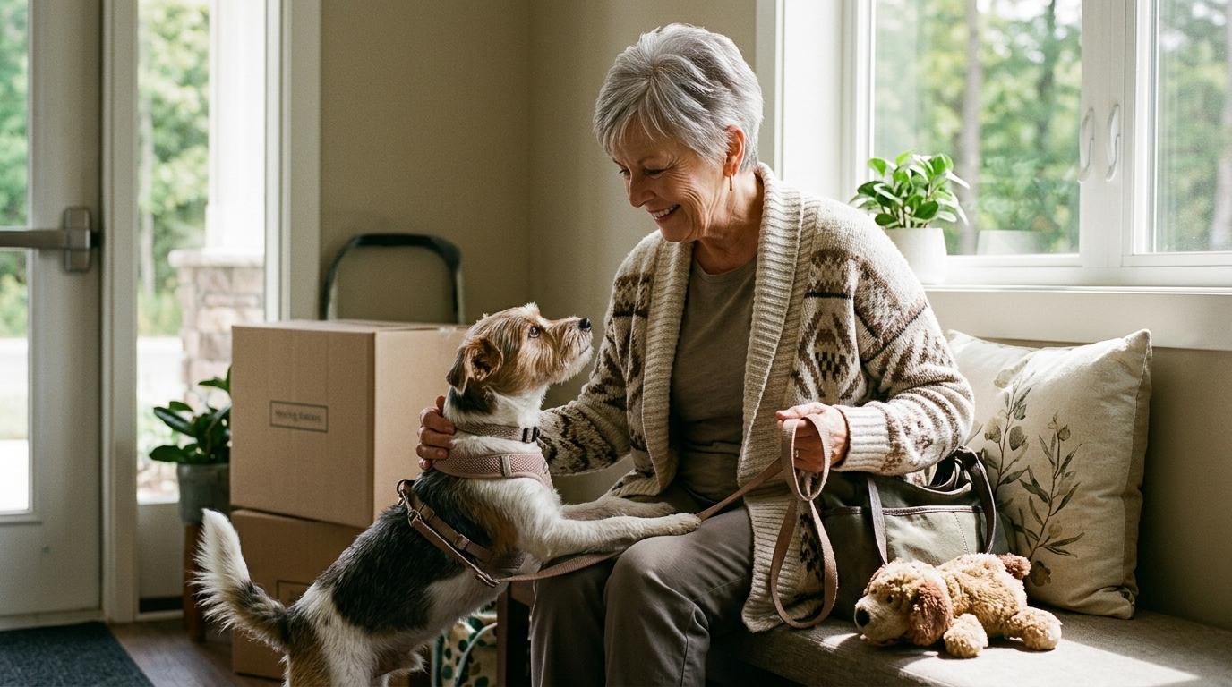 Older adult smiling with a small dog in a cozy senior living apartment, illustrating tips for a smooth pet-friendly transition.
