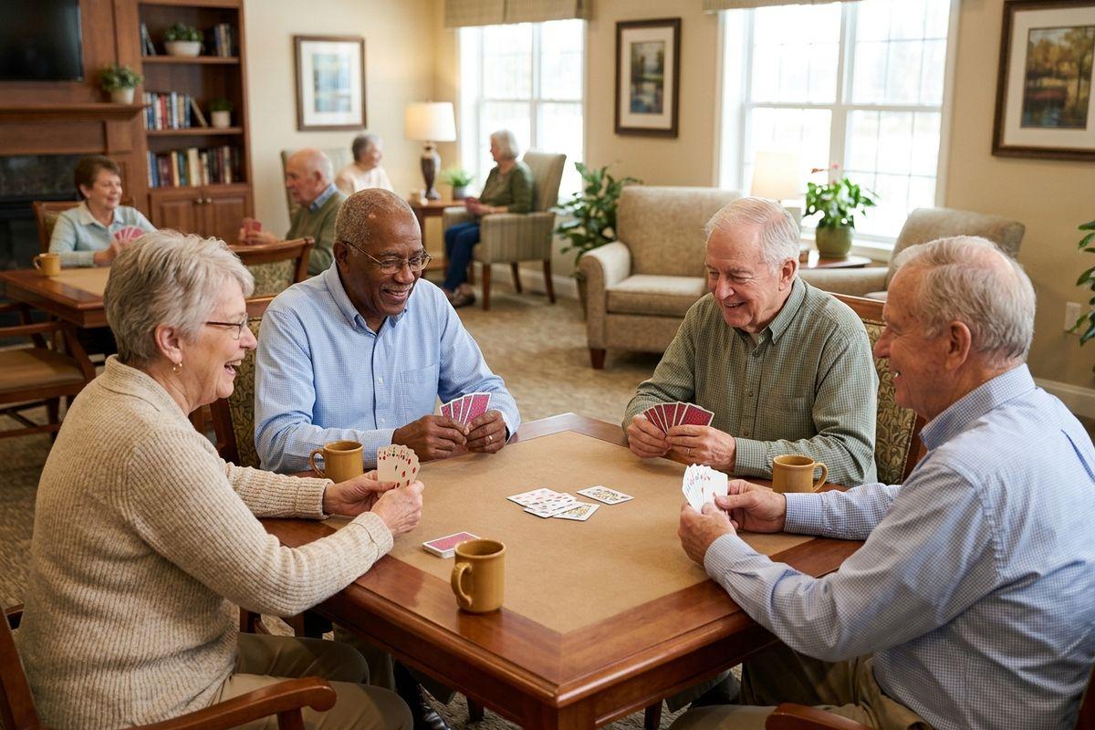 Four smiling seniors play cards around a table with mugs in a cozy common room, with more seniors socializing in the background.
