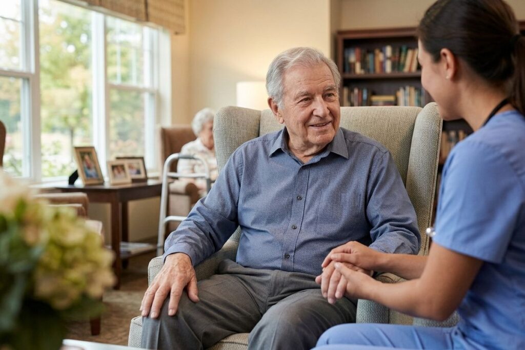 Smiling older adult seated in an armchair talking with a nurse in scrubs in a care home lounge, another resident visible in background.