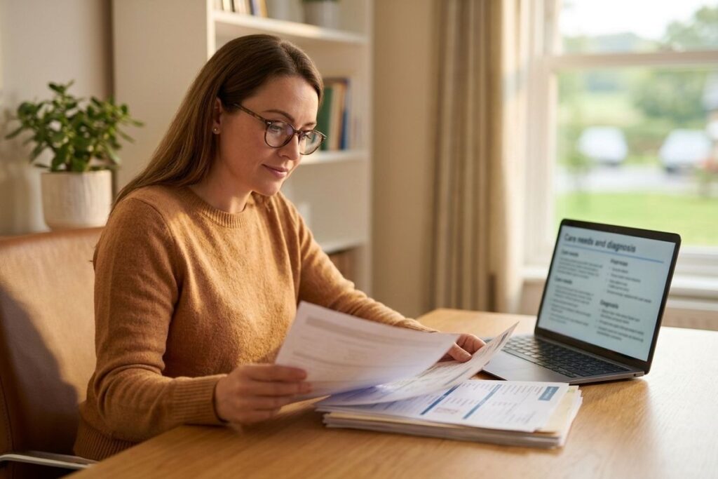 Adult with glasses reviewing printed papers at a desk beside a laptop showing a "Care needs and diagnosis" document at home.