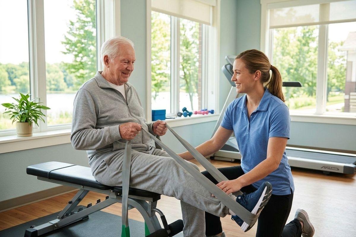 A senior sits on a therapy bench doing resistance band leg exercises, assisted by a smiling therapist in a bright rehabilitation gym.